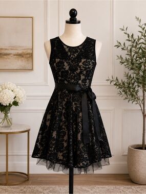 Black Lace Overlay Midi Dress with Nude Underlay